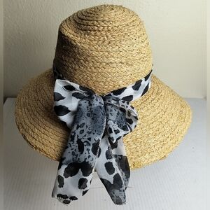 Jacobson Hat Chic Straw Hat with Black and White Scarf Resort Wear
